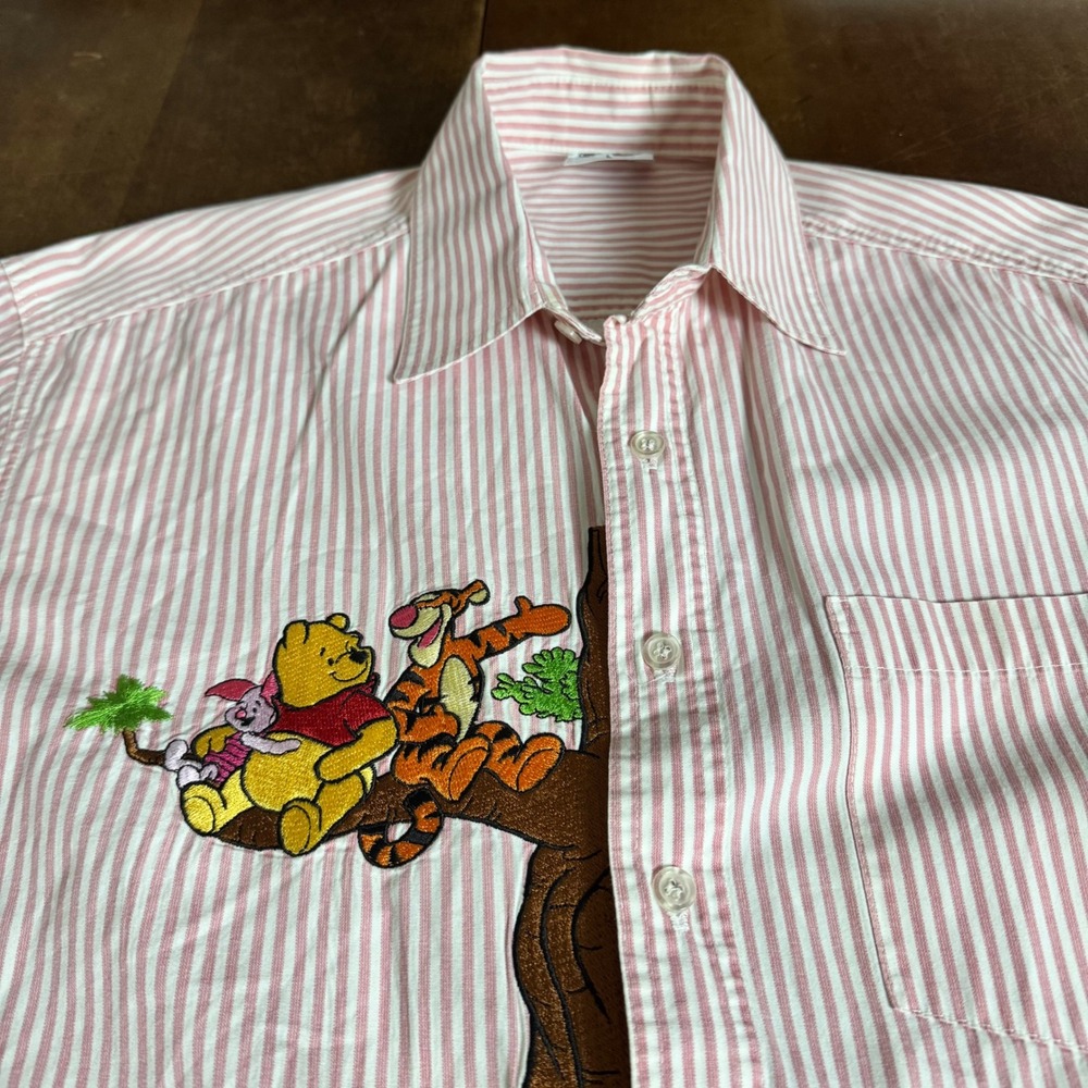 VTG Disney Pooh Button Down Shirt‎ Women L Pink Striped Embroidered Graphic